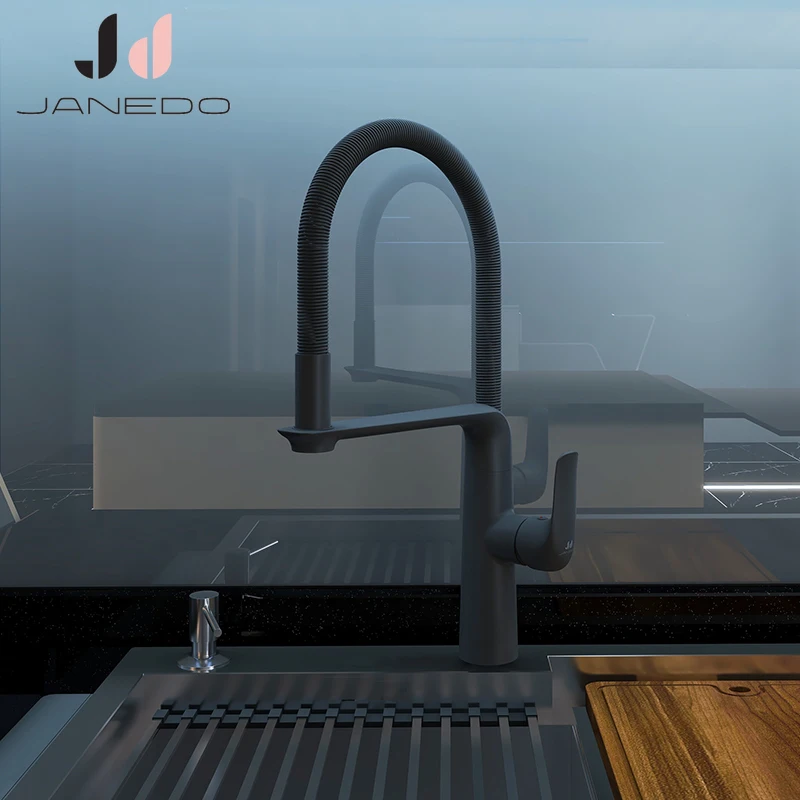 

JANEDO Black Kitchen Faucet Pull Out Mixer with Flexible Spout Single Handle Hot Cold Water Sink Mixer for Kitche
