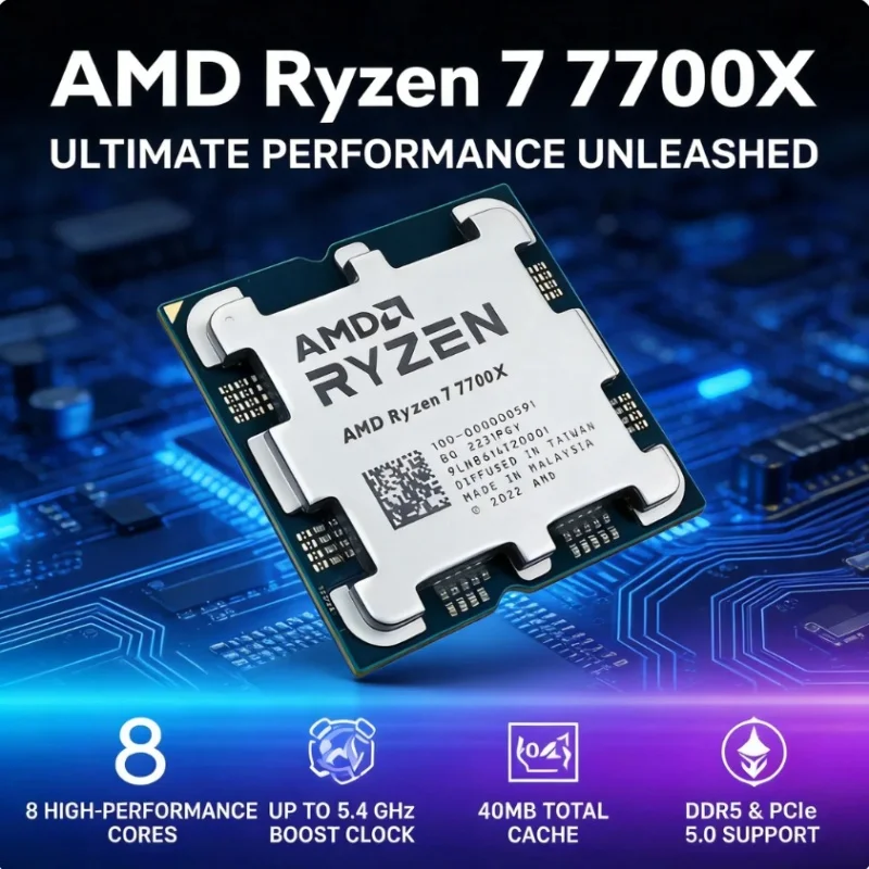 

AMD Ryzen 7 7700X Processor 8 Core 16 Thread Up To 53GHz AM5 Desktop CPU Unlocked Gaming Processor Tray Version No Cooler
