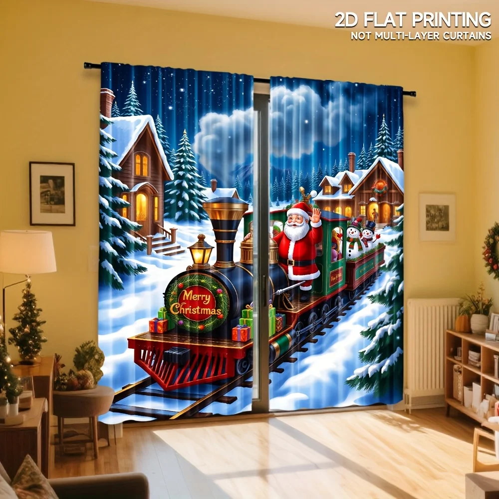 Christmas Santa Train Curtain 2 Panels Snow Cabin Pine Tree Night Sky Background Master Bedroom Curtain Winter Xmas Home Decor