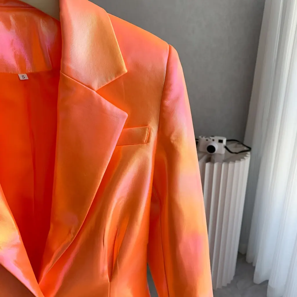 

Women's Orange Velvet Suit Jacket with One Button Gold Trim Flared Pants Two-Piece Set Autumn Winter Fashion