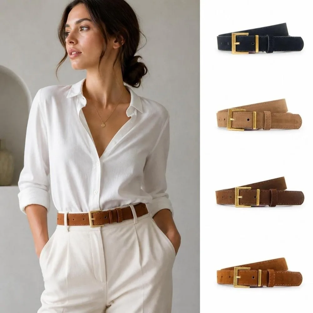 Classic Square Alloy Pin Buckle Waist Belt Faux Suede Matte Casual Waist Strap Simple Suede Leather Belt For Outfit Matching