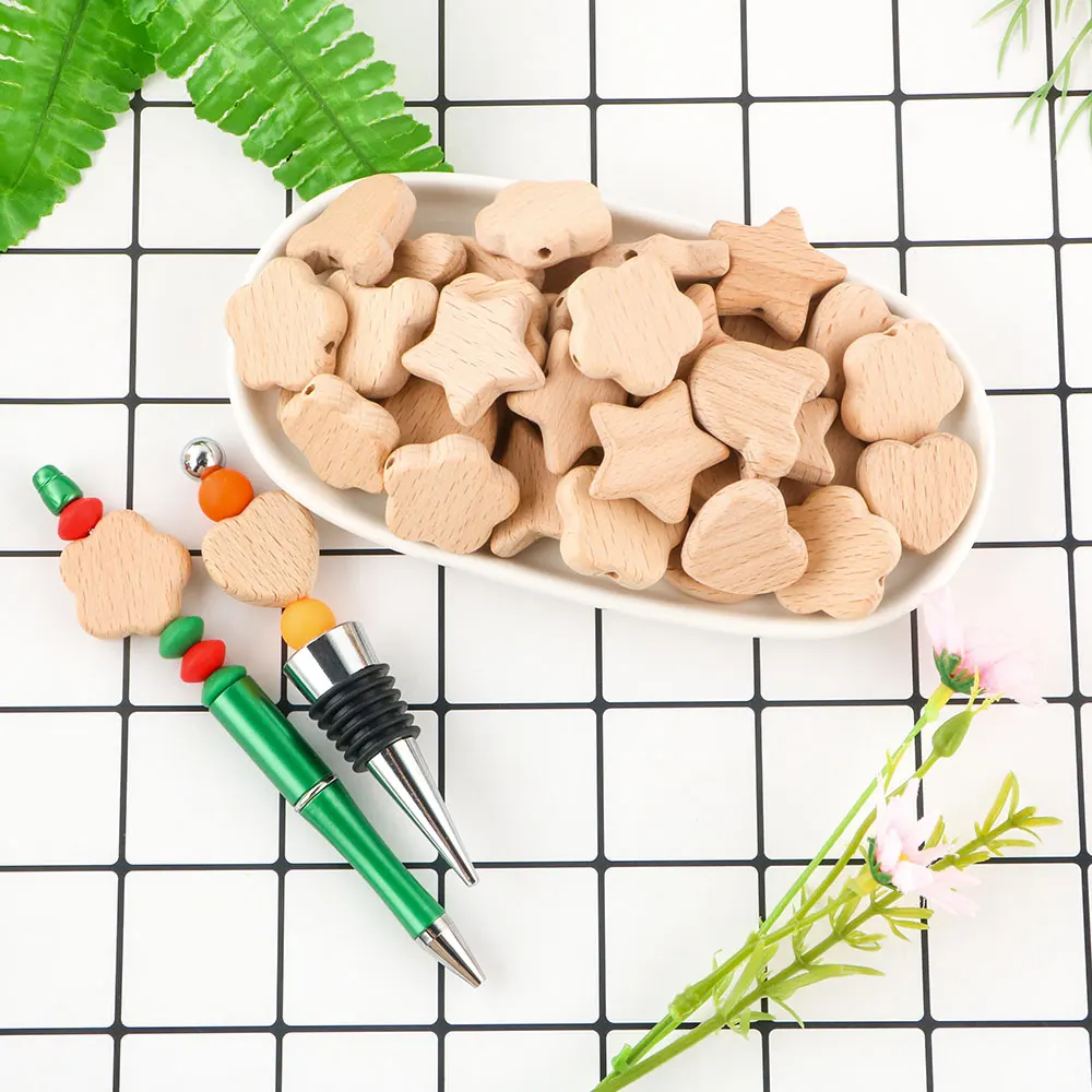 Kovict 15pcs Beech Wood Bear Flower Love Wooden Beads For DIY Necklace Bracelet Multi Functional Handmade Product Accessories ﻿