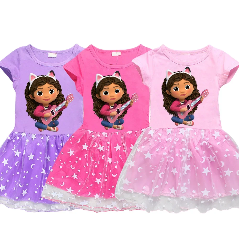 Gabby Doolhouse Clothes for Baby Girls Summer Short Sleeve Dresses Kids Cartoon Gabby Cats Dress Children Lace Princess Vestidos