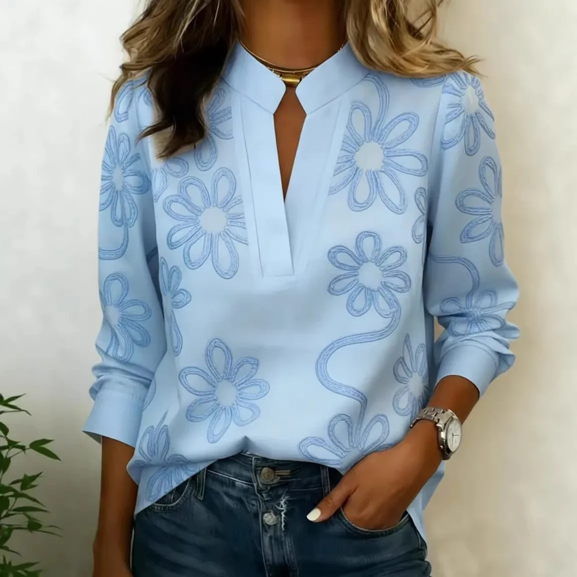 Printed Pullover Shirt with Straight Fit Sophisticated Regular Length Slight Stretch Long Sleeve 3D Pattern Women Blouse