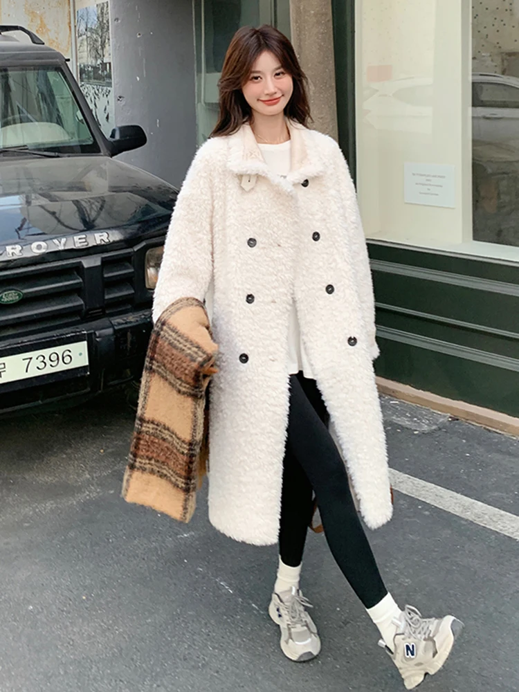 LANMREM Faux Fur Coat For Women Lapel Double Breasted Long Sleeves Loose Warm White Overcoats Female Winter Clothing New 2DB1355