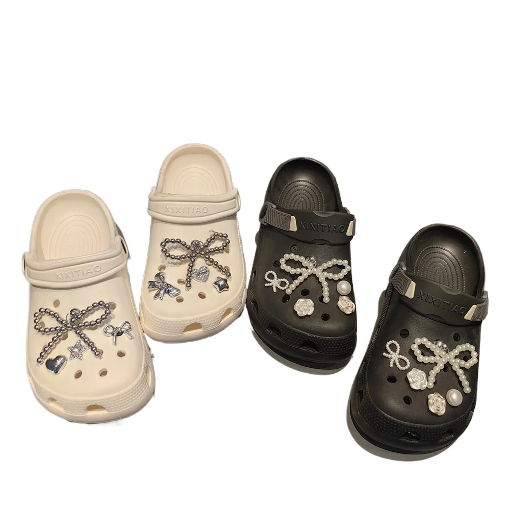 1 ensemble de breloques de chaussures avec nœud en perles, accessoires de chaussures à boucle détachable 3D avec décorations florales en perles, DIY bricolage