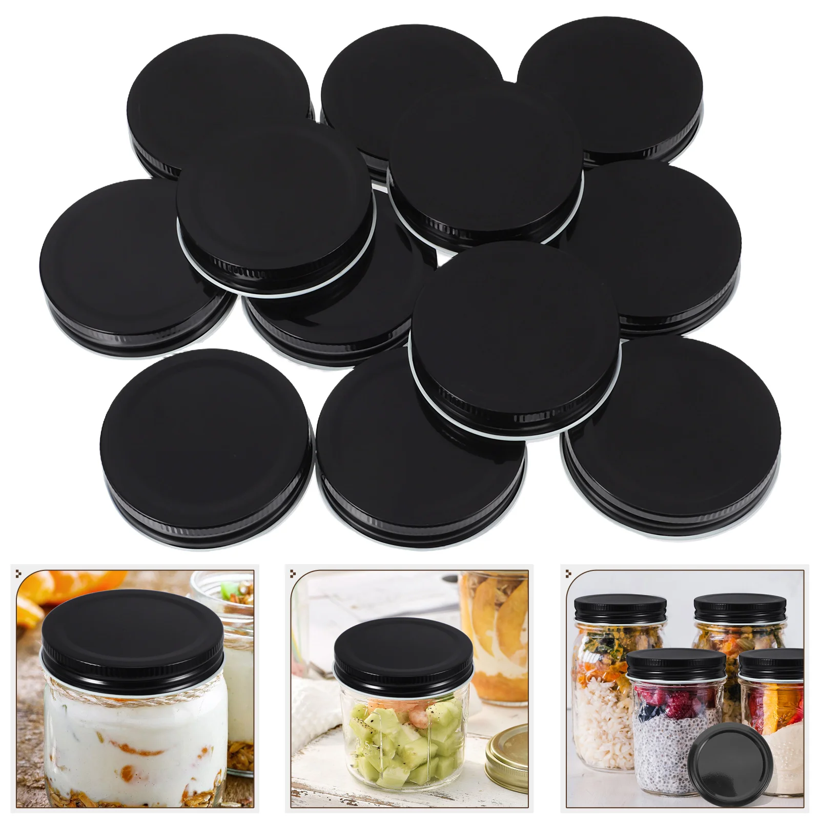 

12pcs 70Mm Mason Jar Lids Tinplate Replacement Covers For Storage Sealing Caps Regular Mouth Canning Jars Black Metal Round Lid