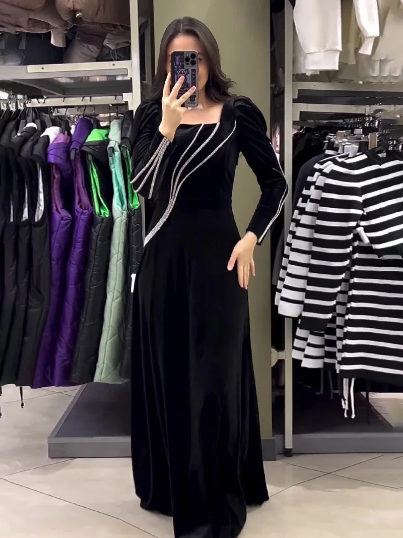 2024 Spring Autumn Dubai Abaya Muslim For Women Elegant Velvet Maxi A Line Dress Kaftan Marocain Ramadan Robe Femme Musulmane