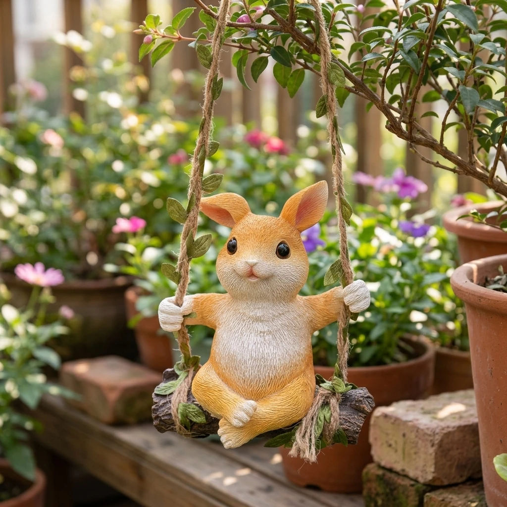 Resin Bunny Swing Statue Weatherproof Outdoor Garden Hanging Ornament Sunlight Resistant Animal Figurine for Patio Balcony Yard