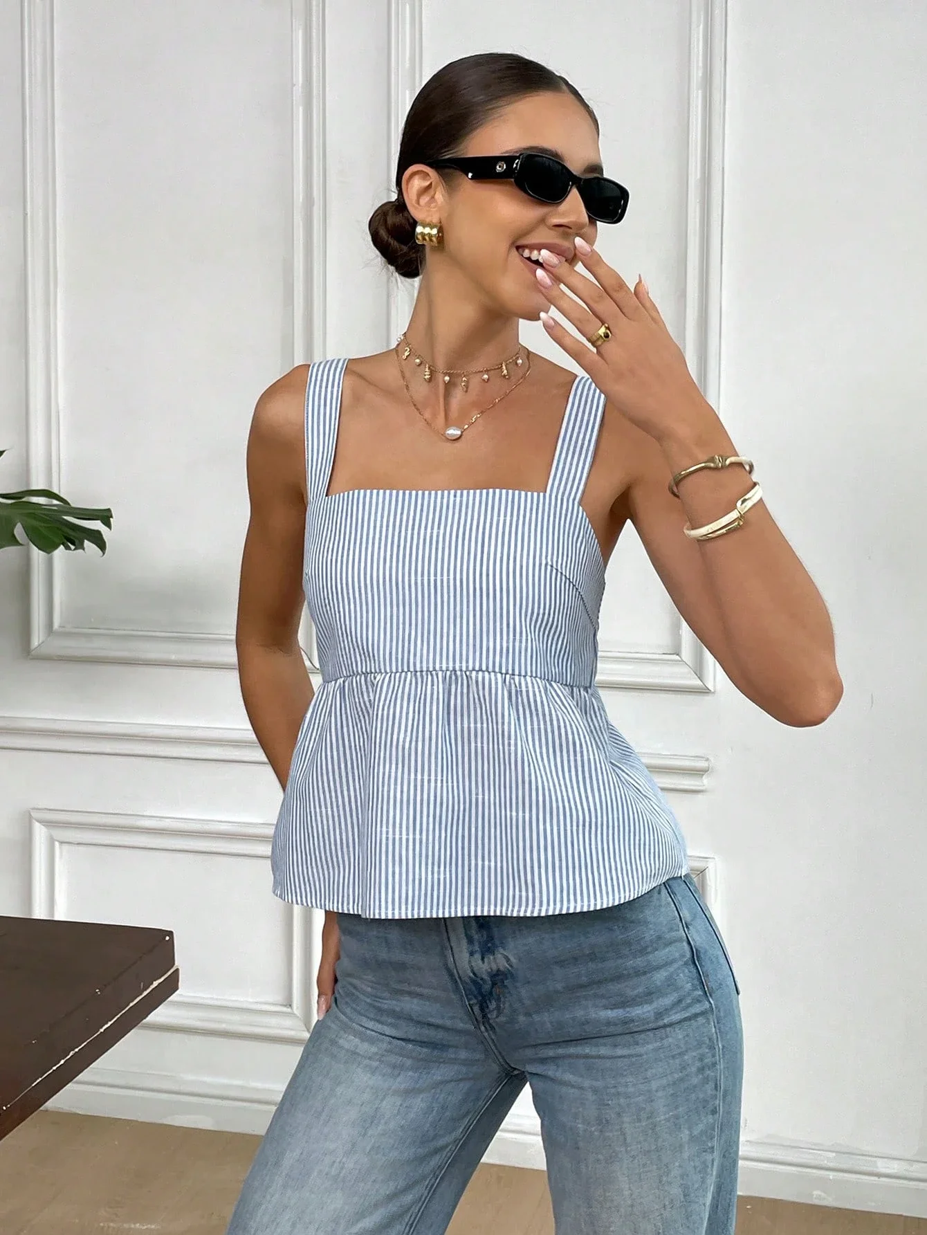 

Сине-белый полосатый топ с открытой спиной и бантом для женщин, повседневный, летний