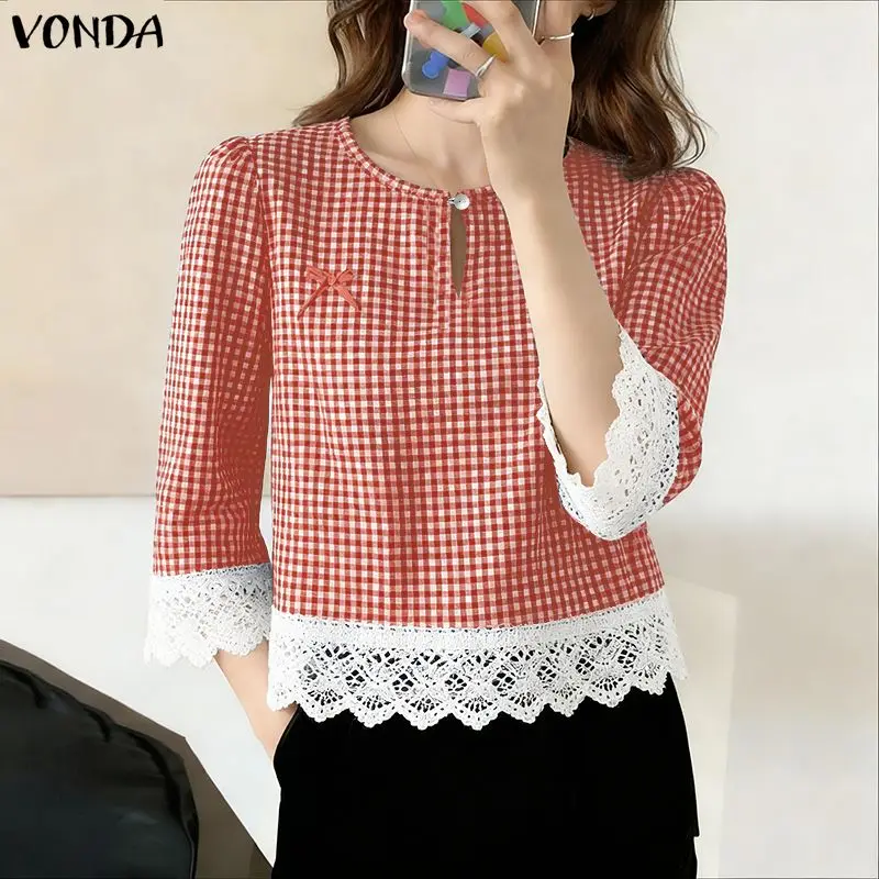 

Модная блузка VONDA для женщин, рубашка в клетку с рукавом 3/4, летняя повседневная туника с кружевными вставками, элегантный офисный топ, блуза для женщин 2026