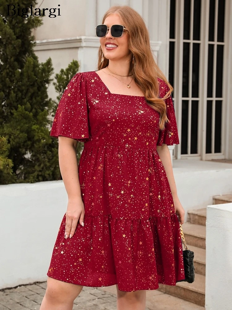 

Летнее платье больших размеров с квадратным воротником, женское блестящее модное плиссированное женское платье с рюшами, свободное повседневное женское мини-платье