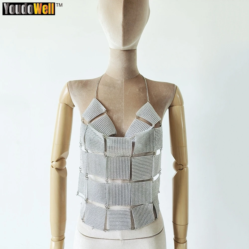 

Sexy Backless Halter Neck Tops, Metal Wrapped Chest Vest, Water Diamond Stitching, Hotel Birthday Party, Spice Girls, Fashion