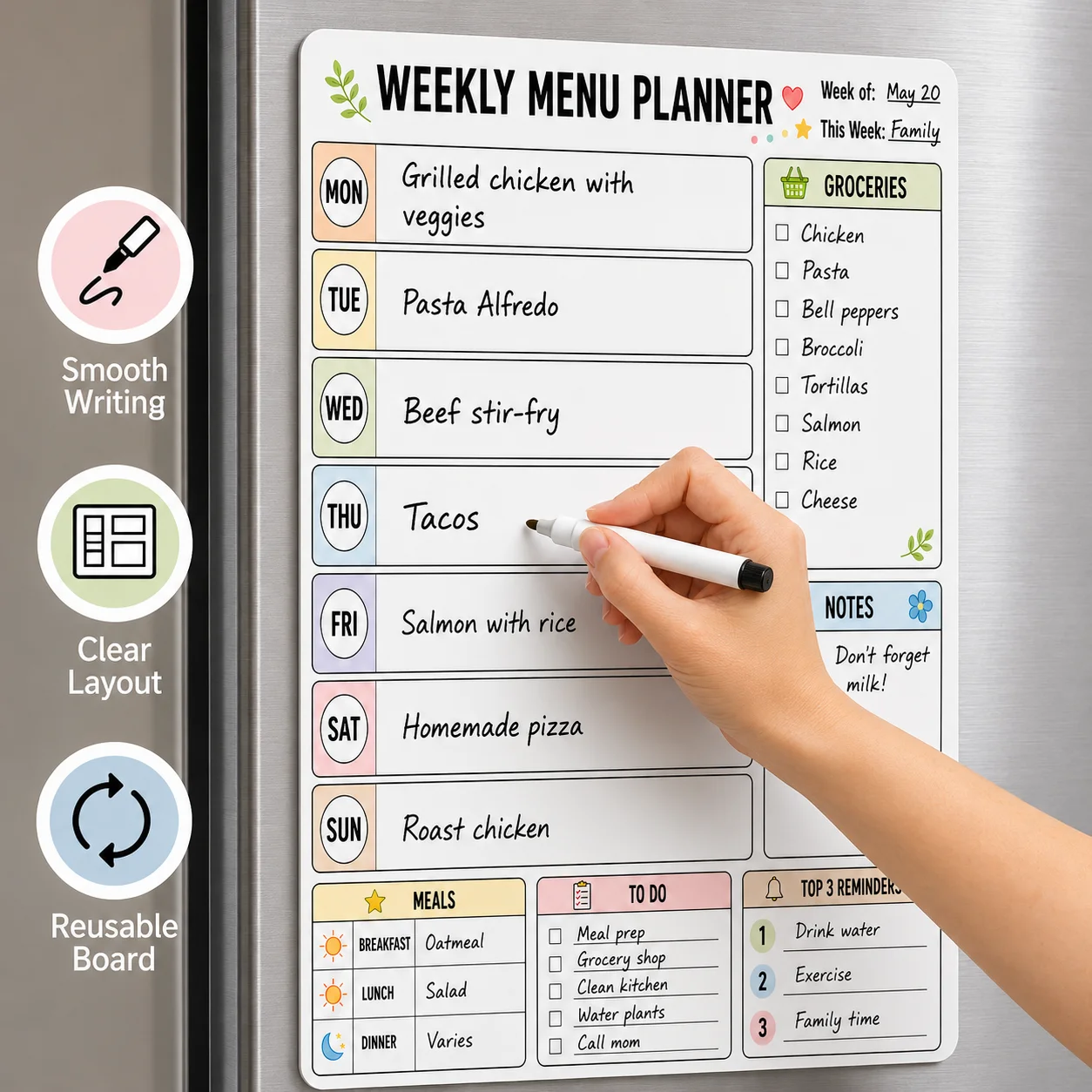 1pc Fridge Dry Erase Weekly Menu Planner Sticker With 1 Erasable Marker, Reusable Whiteboard Meal Planning Board For Kitchen Gro view 5