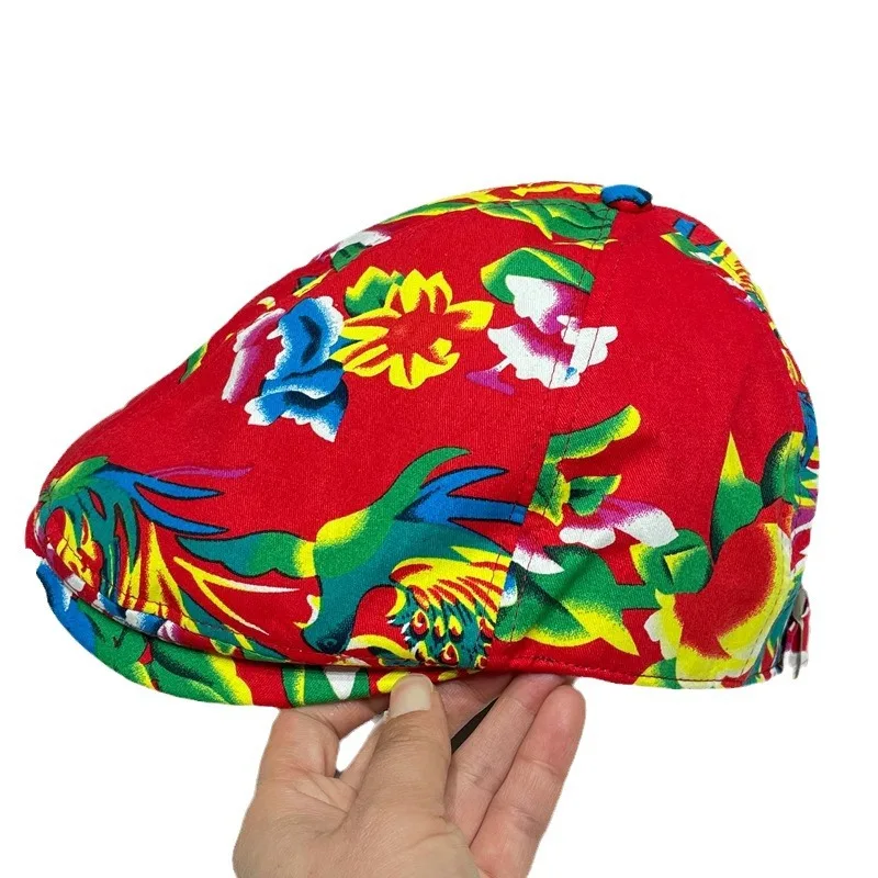 2024 New Northeast Big Flower Cloth Beret Hat for Men and Women Spring and Summer Retro Printing Forward Hats Trend Peaked Cap