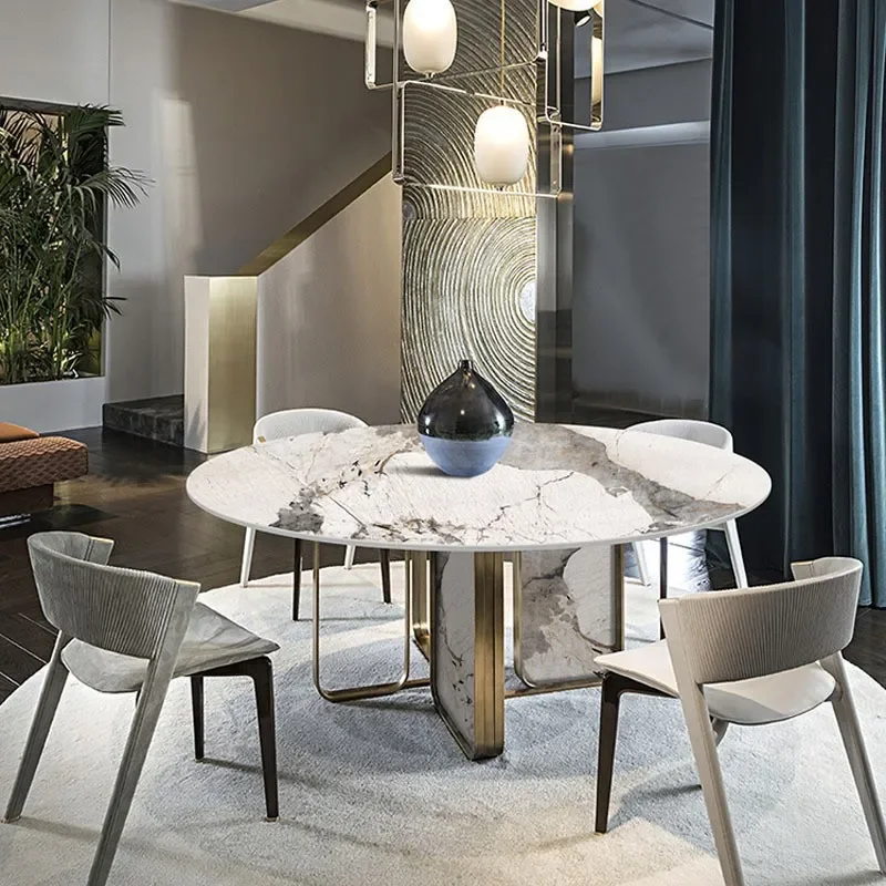 For Italian Light Luxury Rock Slab Dining Table Small Apartment Round Modern Bright Household Table and Chair Combination