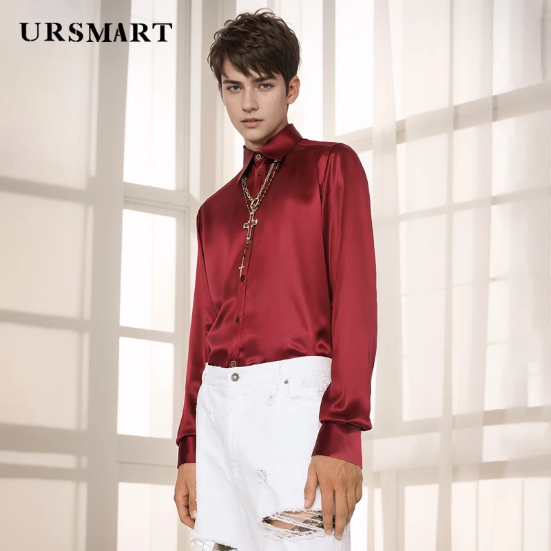 

High quality mulberry silk wine red men's long sleeved shirt British fashion elegant style custom silk shirt for men