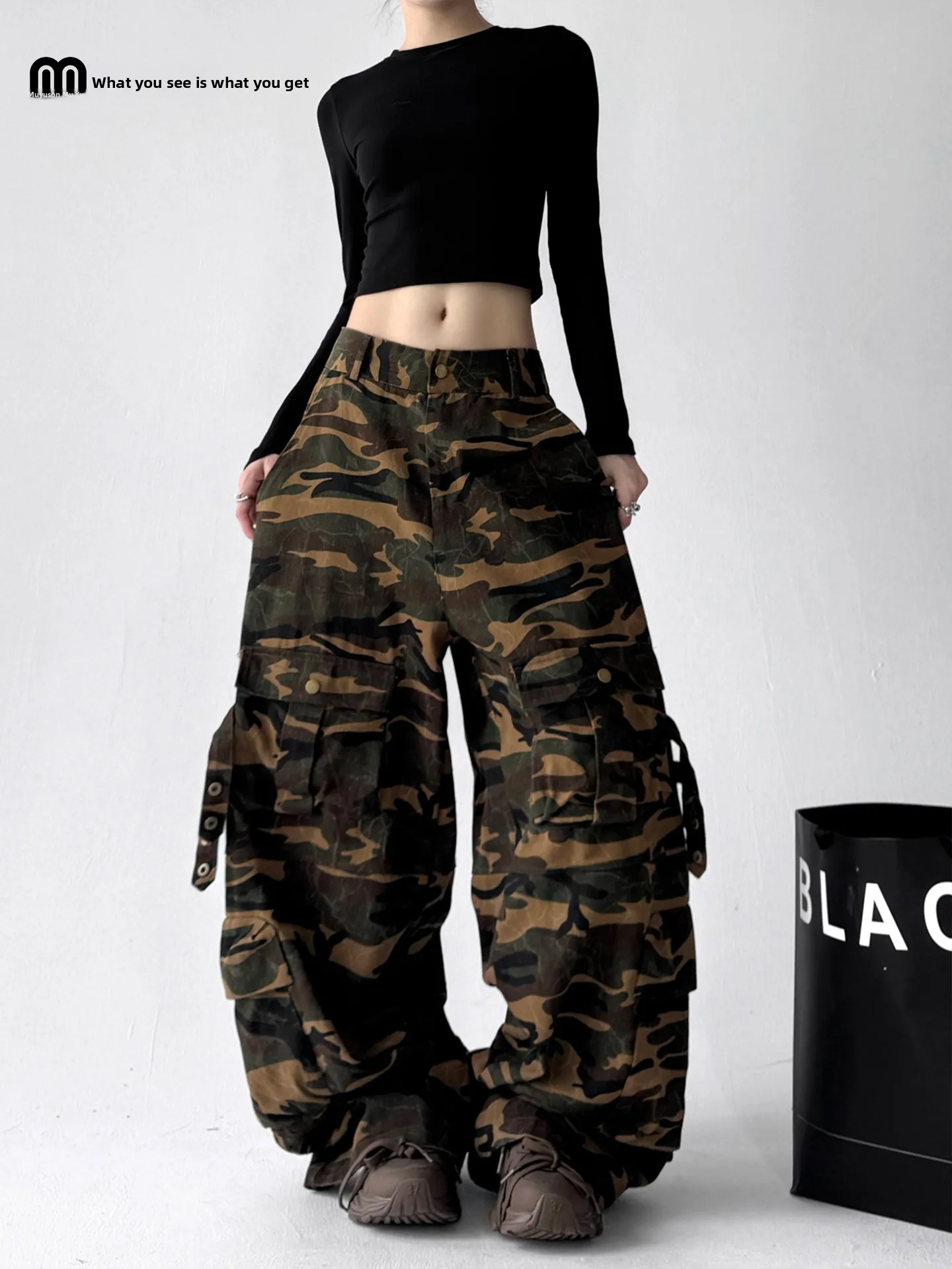 

Американские камуфляжные рабочие брюки в стиле ретро с высокой талией, тонкие прямые брюки с широкими штанинами, длинные брюки для женщин, осенние новые брюки High End...