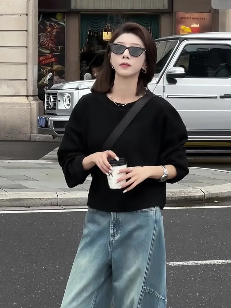 

Свитшот Laid-ba Sle Color Casual с длинными рукавами, новинка ранней осени, свободный крой, скрывающий недостатки фигуры, с круглым вырезом, без застежек.