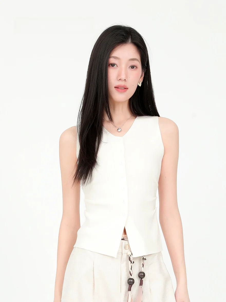 

Delanz 2026 Spring New Simple Knitted Vest Women Sleeveless Tank Top Slim Fit Versatile Top V-neck Short Length H-type Vest