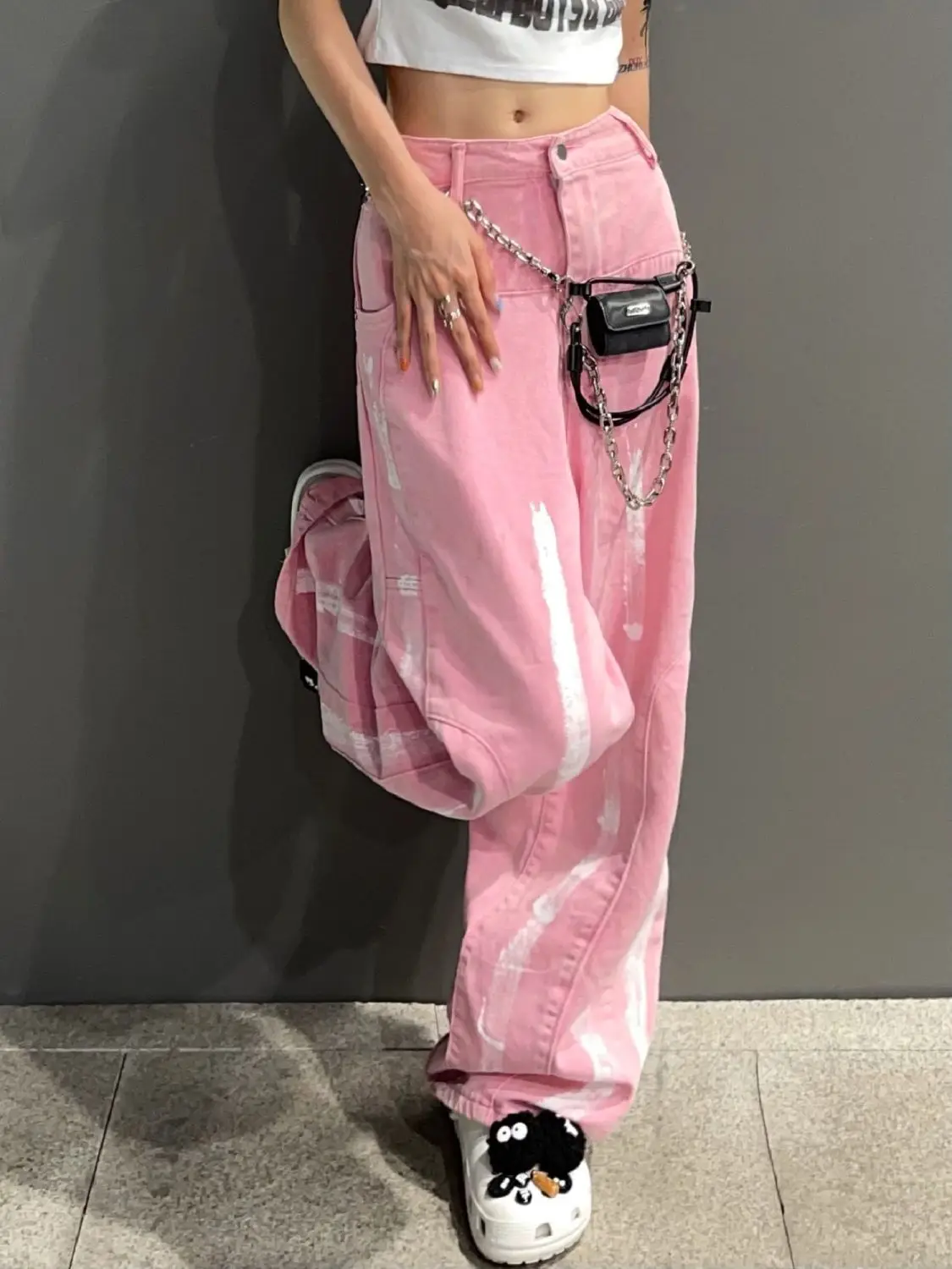 Jeans Splash Pink High Waist Loose Straight Leg Loose Wide Leg Pants For Women Aesthetic Korean Style Fashion Denim Trousers