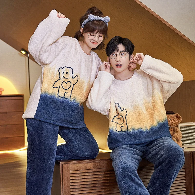 2022 Winter Long Sleeve Thick Warm Flannel Pajama Sets for Men Women Coral Velvet Cute Cartoon Sleepwear Suit Pyjamas Homewear