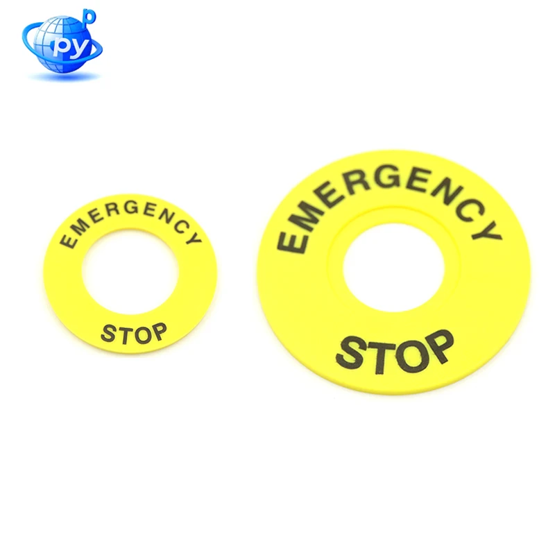ABS Yellow Emergency Stop Button Switch with Alarm Ring 60mm Diameter 22mm Mounting Hole Safety Warning Sign for Industrial