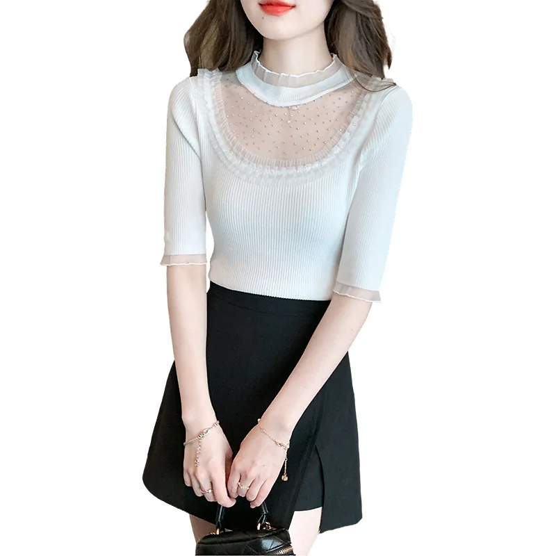 All-Match Lace Stitching Sweater Women's Summer New Elegant Slim Hollow Top