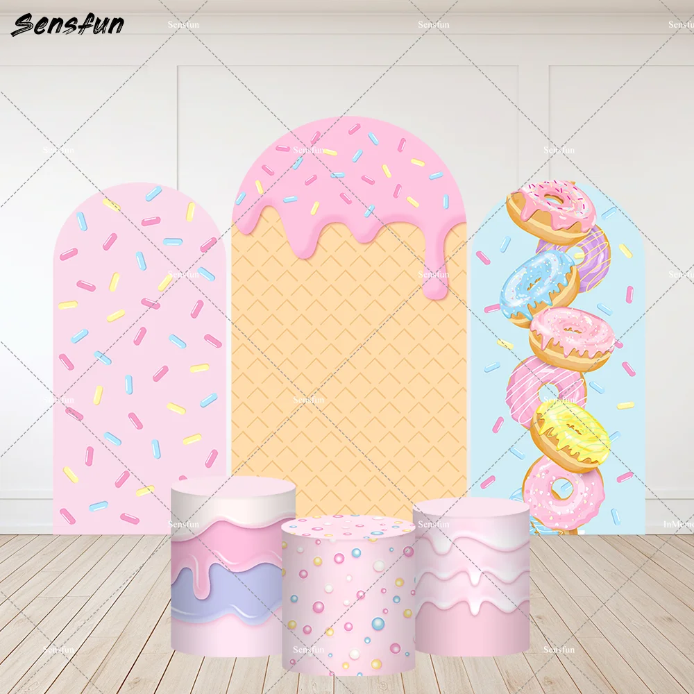 لطيف الوردي الحلوى موضوع قوس خلفية غطاء الفتيات استحمام الطفل دونات حفلة عيد ميلاد جدار التصوير الخلفيات طيدة يغطي أطقم