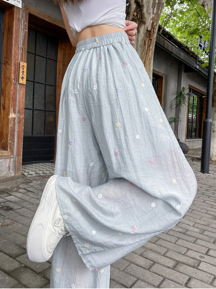 Estilo preguiçoso flor bordado casual linho calças de perna larga para as mulheres 2025 verão novo solto emagrecimento calças de perna reta