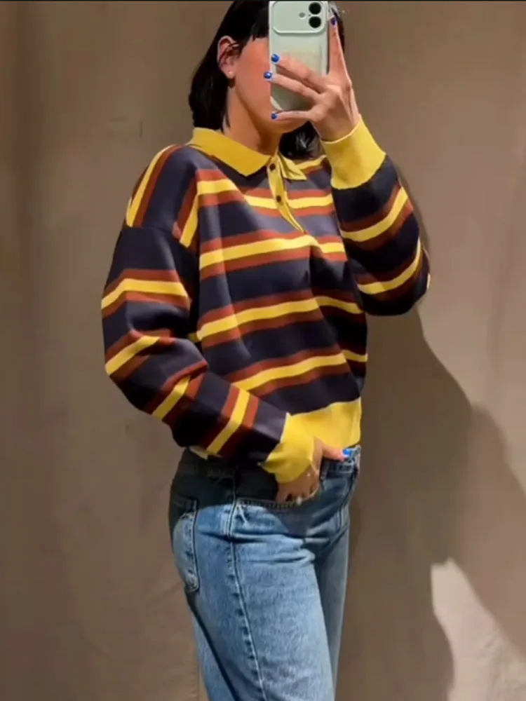 

HH Female New Stripes Long Sleeves Button Decoration Polo Collar Pullover Knitted Sweater Woman's Slim Fit Leisure Tops
