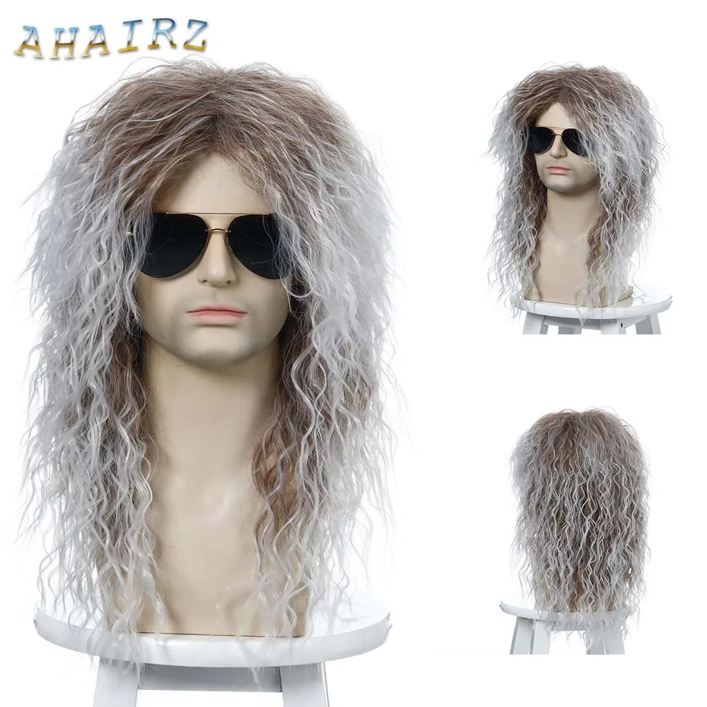 Synthetic Black Silver Wig Long Curly Puffy Wigs  For Men Punk Cosplay Halloween  Disco Rock Party Wig