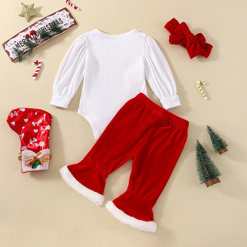 SUNSIOM 3Pcs My First Baby Girl Christmas Outfits Newborn Long Sleeve Romper + Velvet Bell Bottom Pants + Headband Clothes Set