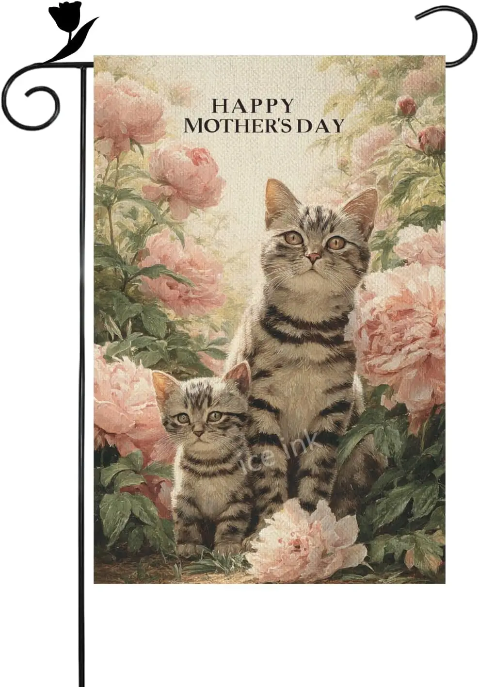 Ice ink Happy Mothers Day American Shorthair Cat Floral Garden Flag Gift 12x18 Inch Linen Burlap Double Colorful Sided Yard  WZZ