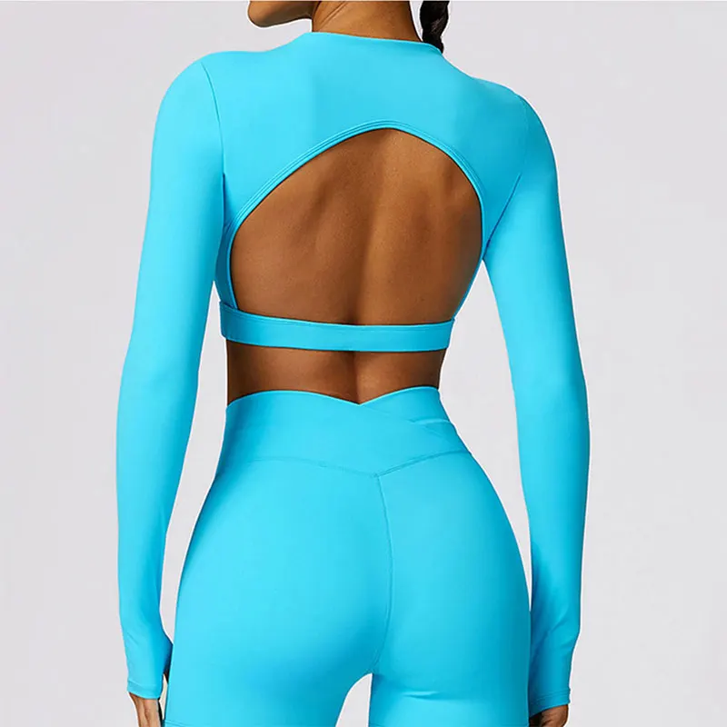 New Sexy Backless Gym Top Women Fitness Crop Yop Quick Dry Sportswear Women Workout Top Long Sleeve Yoga Clothes With chest pads