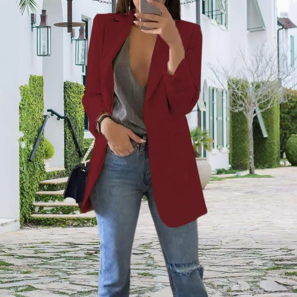 Suit Jacket Elegant Lapel Suit Coat with Big Pockets for Women Long Sleeve Open Front Business Outwear Solid Color Commuting
