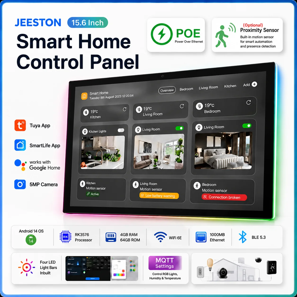 Inwall 15.6 inch Smart Home Tablet Android 14 Pad 4G 64G Home Assistant Tablet with 4 Sides Light Bars POE 86box Temprature