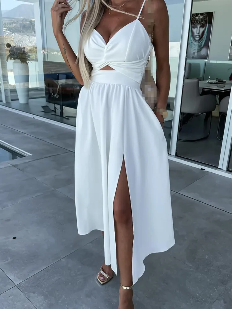 Summer Fashion Women Corset Party Elegant Strap V Neck  Hollow Large Swing Split Banquet Dress Casual Sleeveless Sling Dress