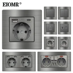 EIOMR F6 série gris en alliage d'aluminium panneau interrupteur de lumière EU électrique 86mm prise unique 146mm Double prise Usb prise murale TV