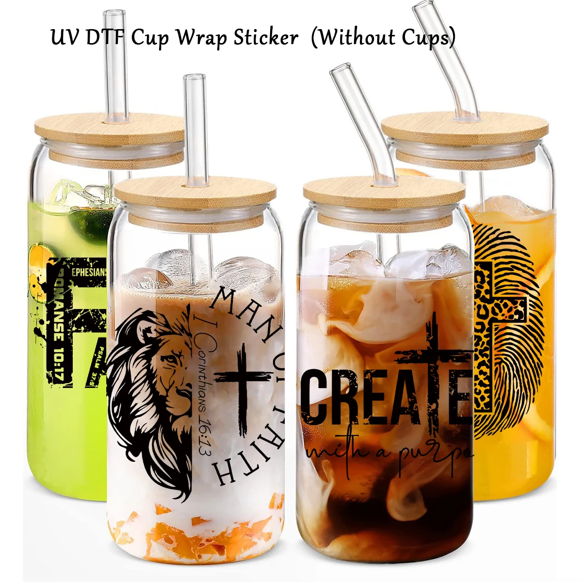 4Pcs UV DTF Cup Wraps Decals Lion Christian Jesus Cross Man Of Faith DIY Waterproof DTF Transfer Stickers for Mugs Water Bottle