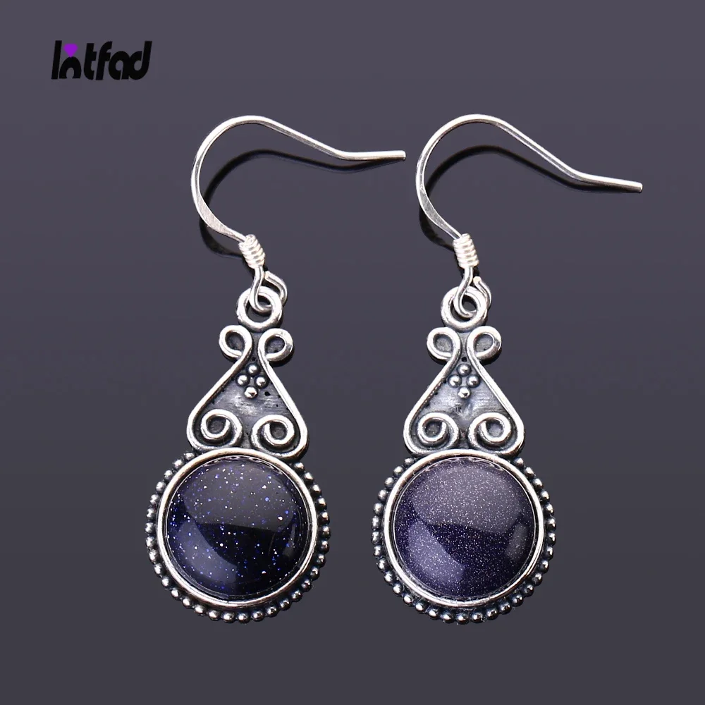 

S925 Sterling Silver Drop Earring 10mm Round Blue Sandstone Chrysanthemum Pendant Earrings Engagement Wedding Women Earrings