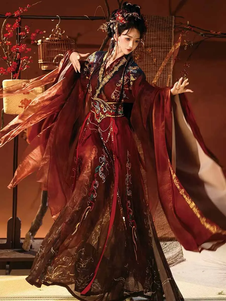 Women Burgundy Wedding Hanfu Ancient Chinese Traditional Costume Heavy Gold Embroidery Wide Sleeve Robe Fairy Cosplay Hanfu Set