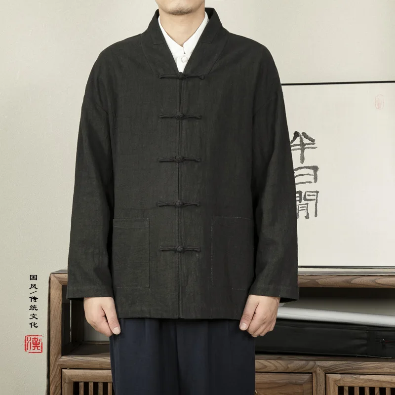 

Men Cotton Long Sleeve Traditional Chinese Clothes Tang Suit Top Kung Fu Tai Chi Uniform Autumn Shirt Blouse Linen Coat Men