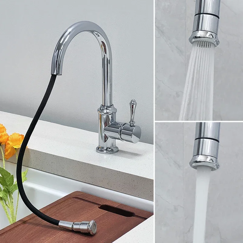 Brass hot and cold faucet single handle single hole rotating can be pulled, sink washbasin faucet splash-proof