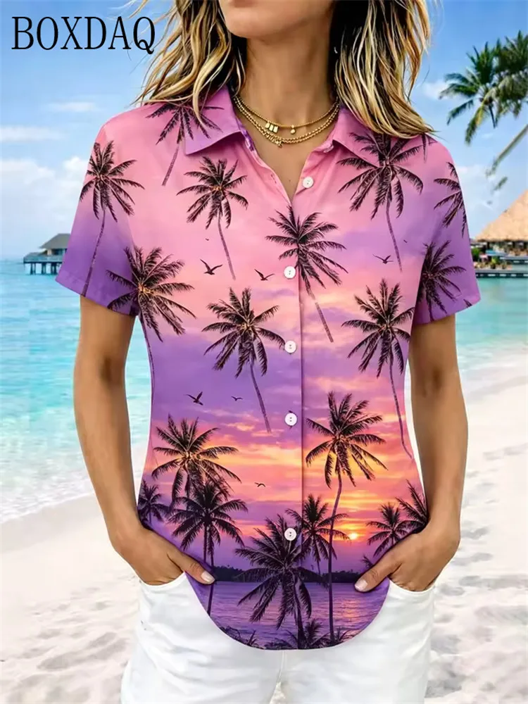 Women's Summer Blouse Casual Lapel Short Sleeved Button Coconut Tree Pattern Printed Loose Shirts