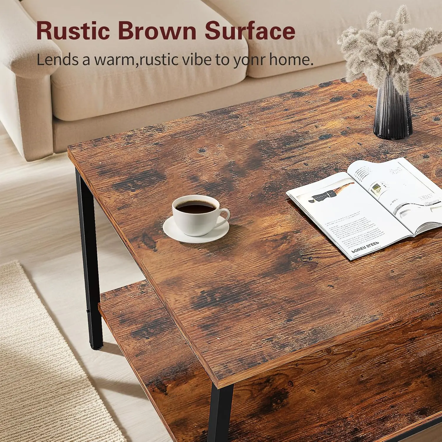 2-Piece Industrial Style Coffee Table Set - 31.5"/20" Adjustable Height Side/End Tables with USB Ports & Wheels