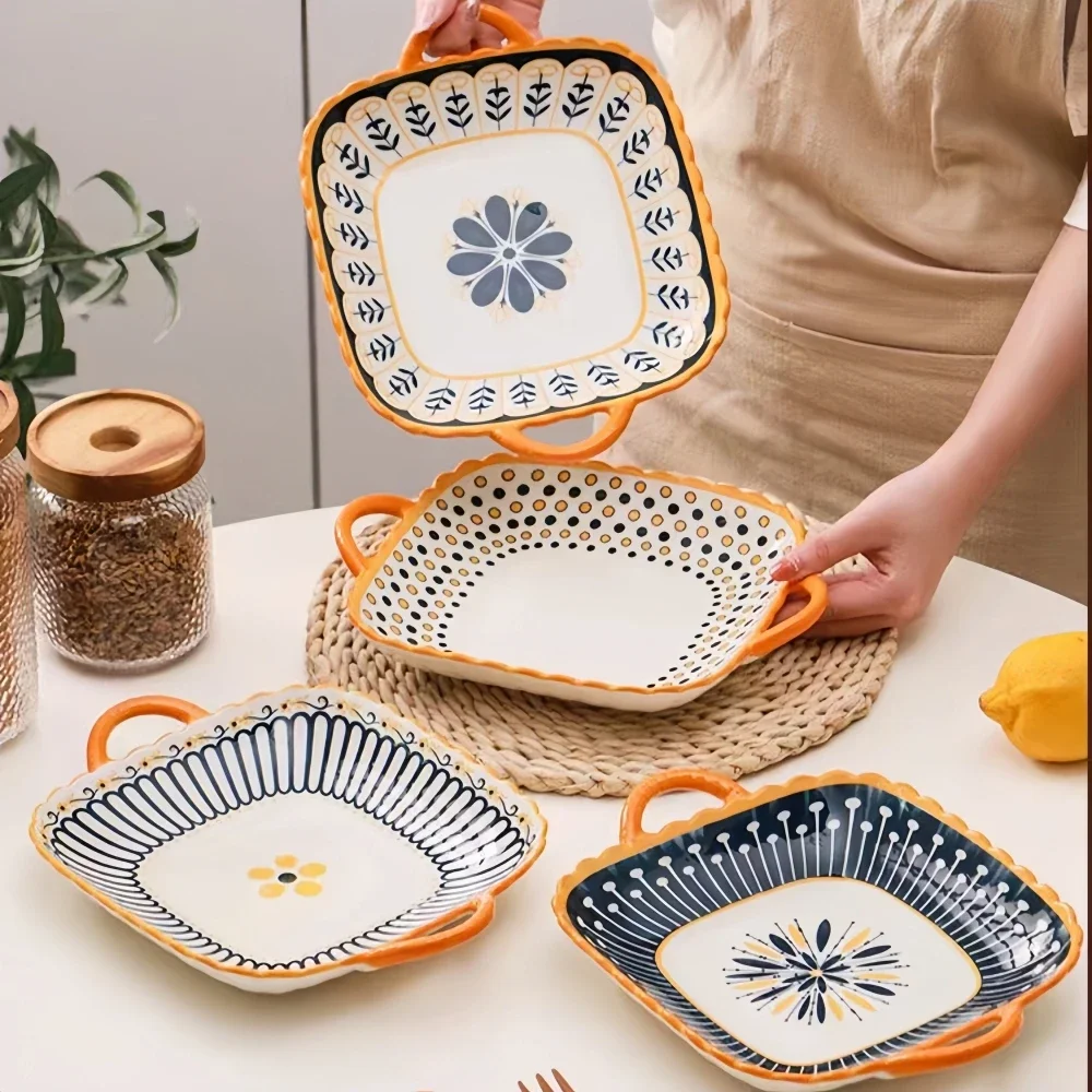 

1 pc ceramic square serving plate with two ears, Japanese salad plate, kitchen utensils, Italian pasta plate