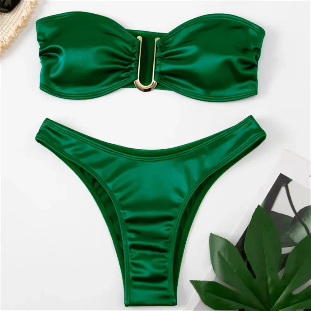 Costumi da bagno Sexy senza spalline verdi a forma di U Bikini a fascia Set costumi da bagno donna costume da bagno femminile taglio alto Bikini bagnanti Biquinis