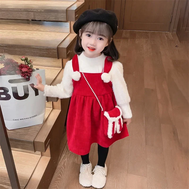 Girls Princess Red Dress Autumn Winter Christmas Children Suit Thickened Velvet Lined Dresses Baby 2 Piece Set Shirt + Sundress