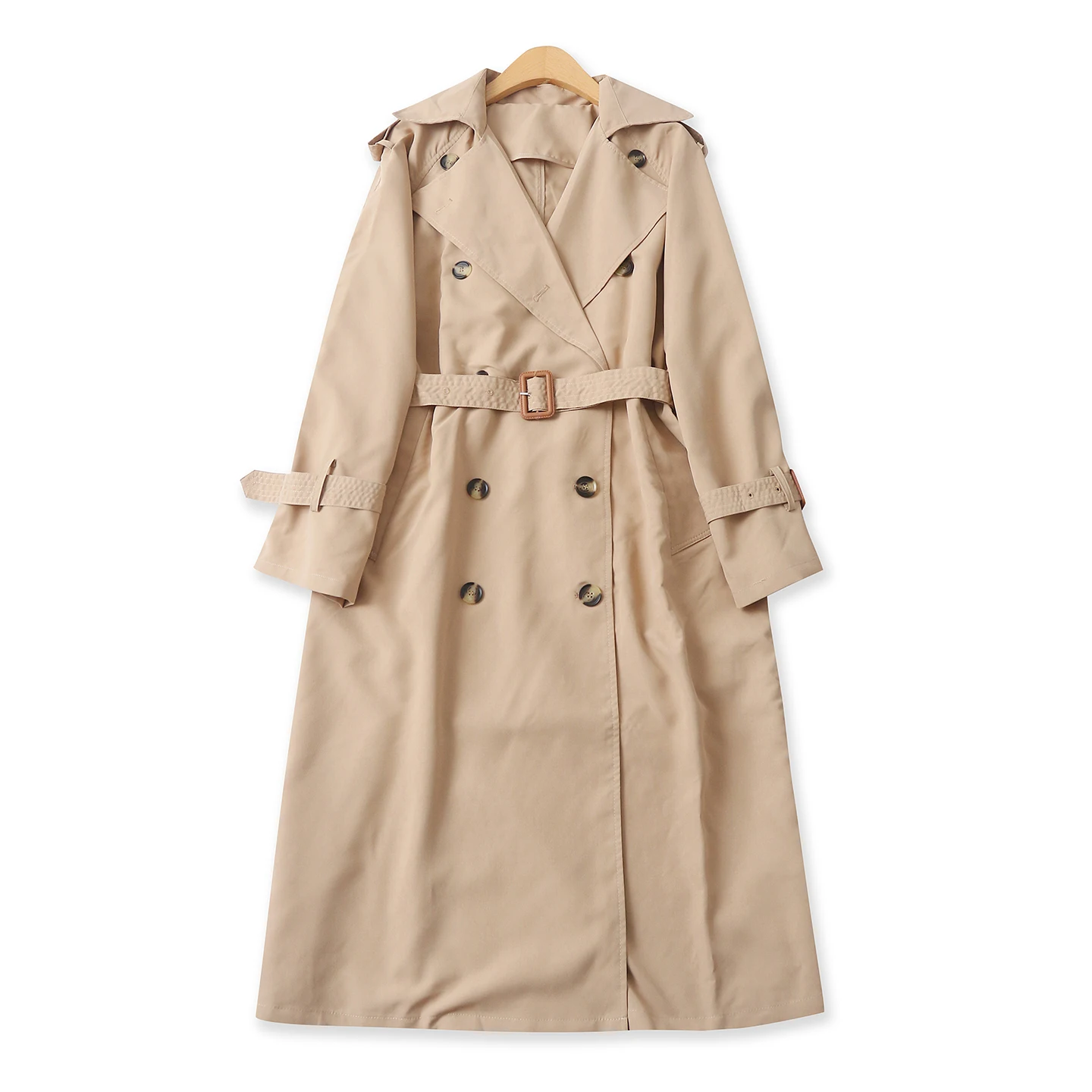 Long Double-Row Button Windbreaker Spring New Style Women's Casual Suit Collar Waist-Cinched Long Sleeve Outerwear